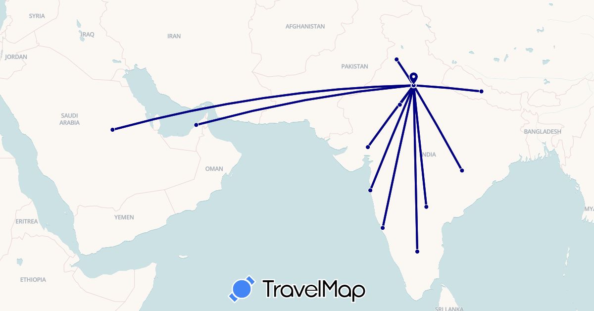 TravelMap itinerary: driving in United Arab Emirates, India, Nepal, Saudi Arabia (Asia)